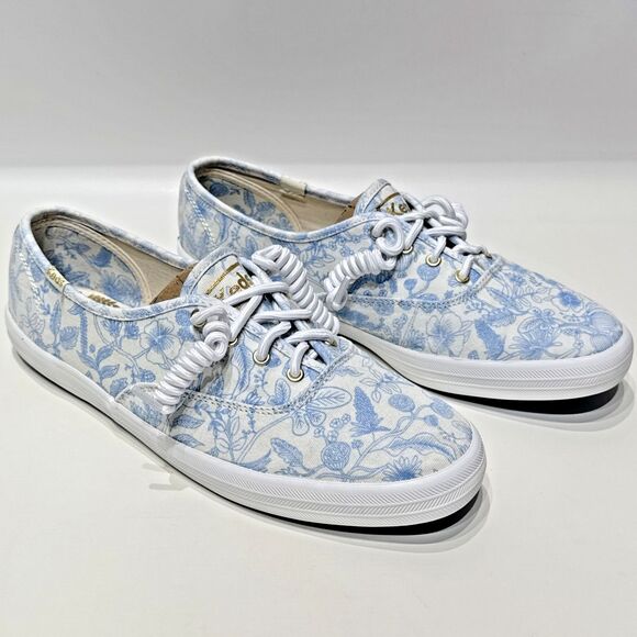 Keds x Rifle Paper Co. Avery Blue Floral Pattern White Canvas Shoes Women Size 9 - Picture 1 of 13